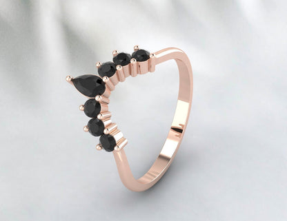 Bague de mariage incurvée pour femme, bague de mariée Vintage en Onyx noir en forme de poire