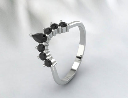 Bague de mariage incurvée pour femme, bague de mariée Vintage en Onyx noir en forme de poire