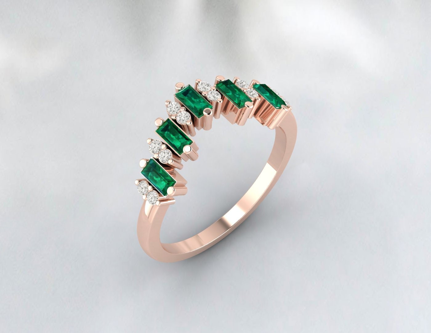 Emerald Curved Band Diamond Band Engagement Ring Promise Ring For Her