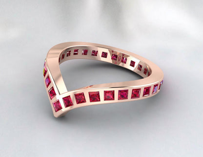 Princess Cut Ruby Wedding Curve Band Chevron V Shape Eternity Ring