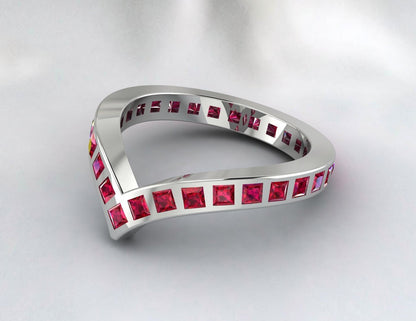 Princess Cut Ruby Wedding Curve Band Chevron V Shape Eternity Ring