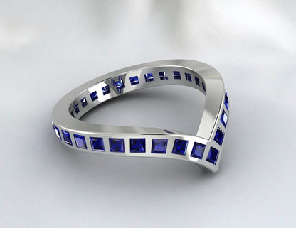 Sapphire Band Full Eternity Engagement Ring Curved V Shape Band