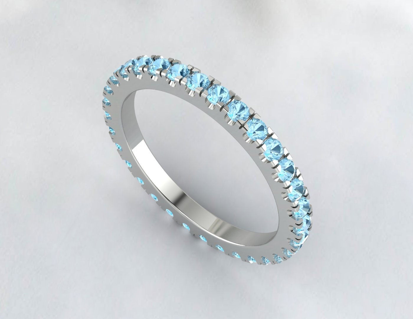 Round Aquamarine Wedding Band Full Eternity Anniversay Promise Ring