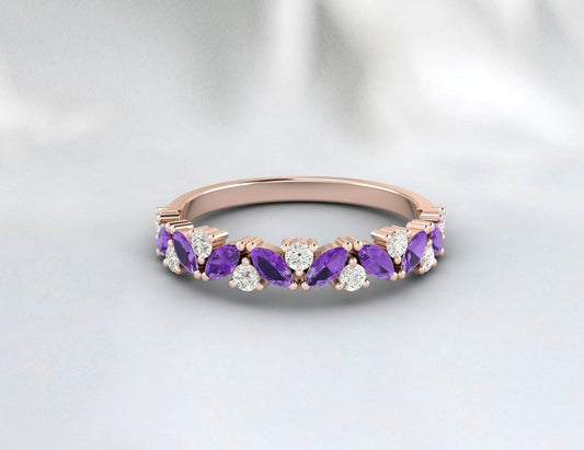 Roségoldener Amethyst Ring, Halbe Ewigkeit für Frauen, Amethyst Ring im Marquiseschliff, Amethyst Ehering, Amethyst Diamant Ring, Einzigartiger Amethyst Ring