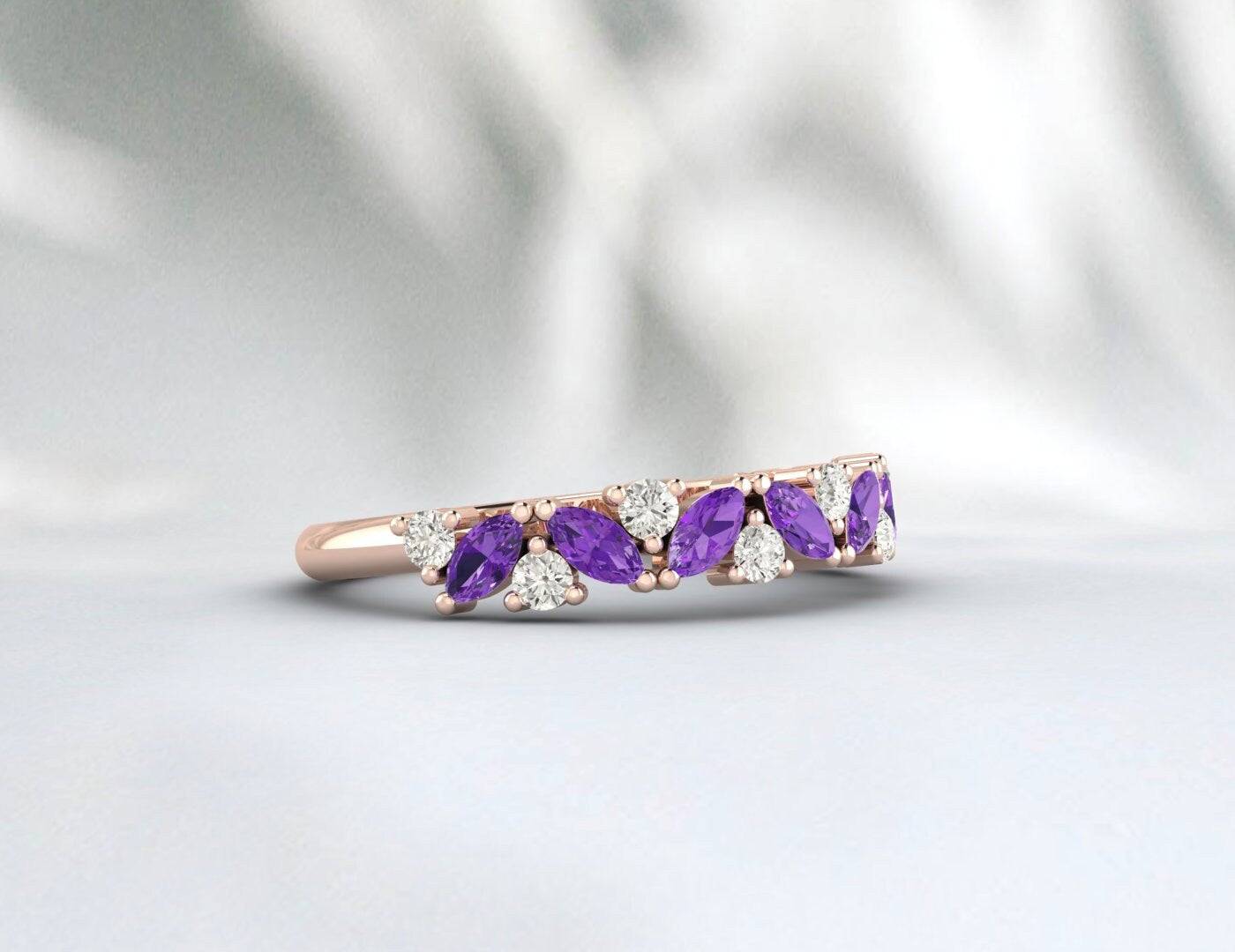 Rose Gold Amethyst Band, Women Half Eternity, Marquise Cut Amethyst Ring, Amethyst Wedding Band, Amethyst Diamond Ring, Unique Amethyst Ring