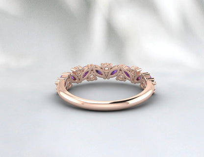 Bande d’améthyste en or rose, demi-éternité pour femmes, bague d’améthyste coupée marquise, alliance d’améthyste, bague en diamant d’améthyste, bague d’améthyste unique