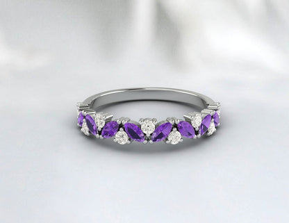 Rose Gold Amethyst Band, Women Half Eternity, Marquise Cut Amethyst Ring, Amethyst Wedding Band, Amethyst Diamond Ring, Unique Amethyst Ring