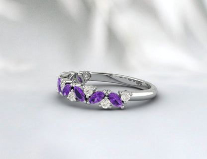 Rose Gold Amethyst Band, Women Half Eternity, Marquise Cut Amethyst Ring, Amethyst Wedding Band, Amethyst Diamond Ring, Unique Amethyst Ring