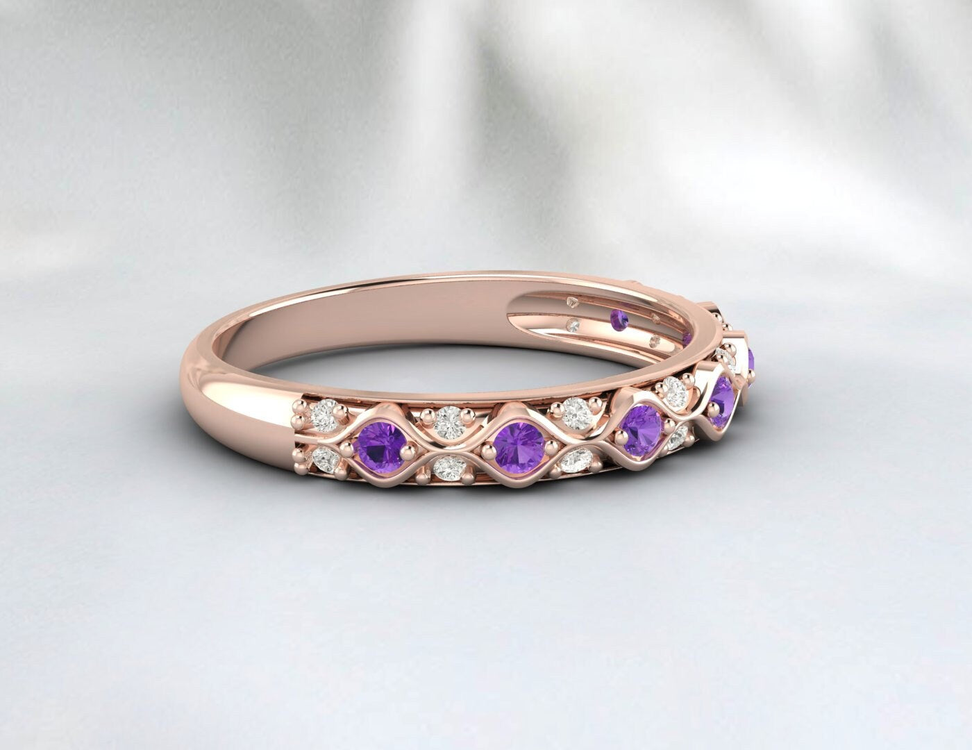 Purple Amethyst Wedding Band 925 Silver Diamond Ring Anniversary Gift