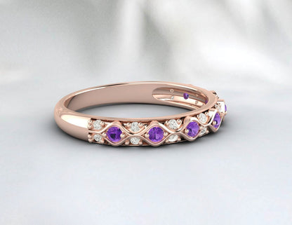 Purple Amethyst Wedding Band 925 Silver Diamond Ring Anniversary Gift