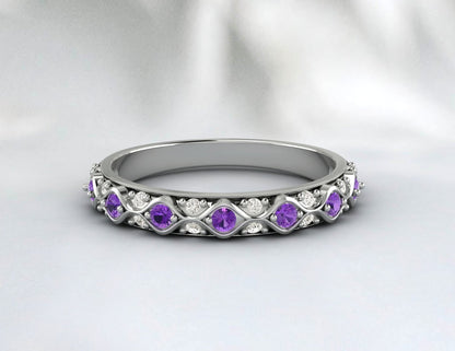 Purple Amethyst Wedding Band 925 Silver Diamond Ring Anniversary Gift