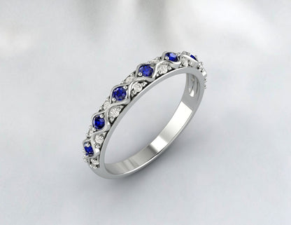 Silver Antique Sapphire Wedding Band Vintage Anniversary Gift For Her