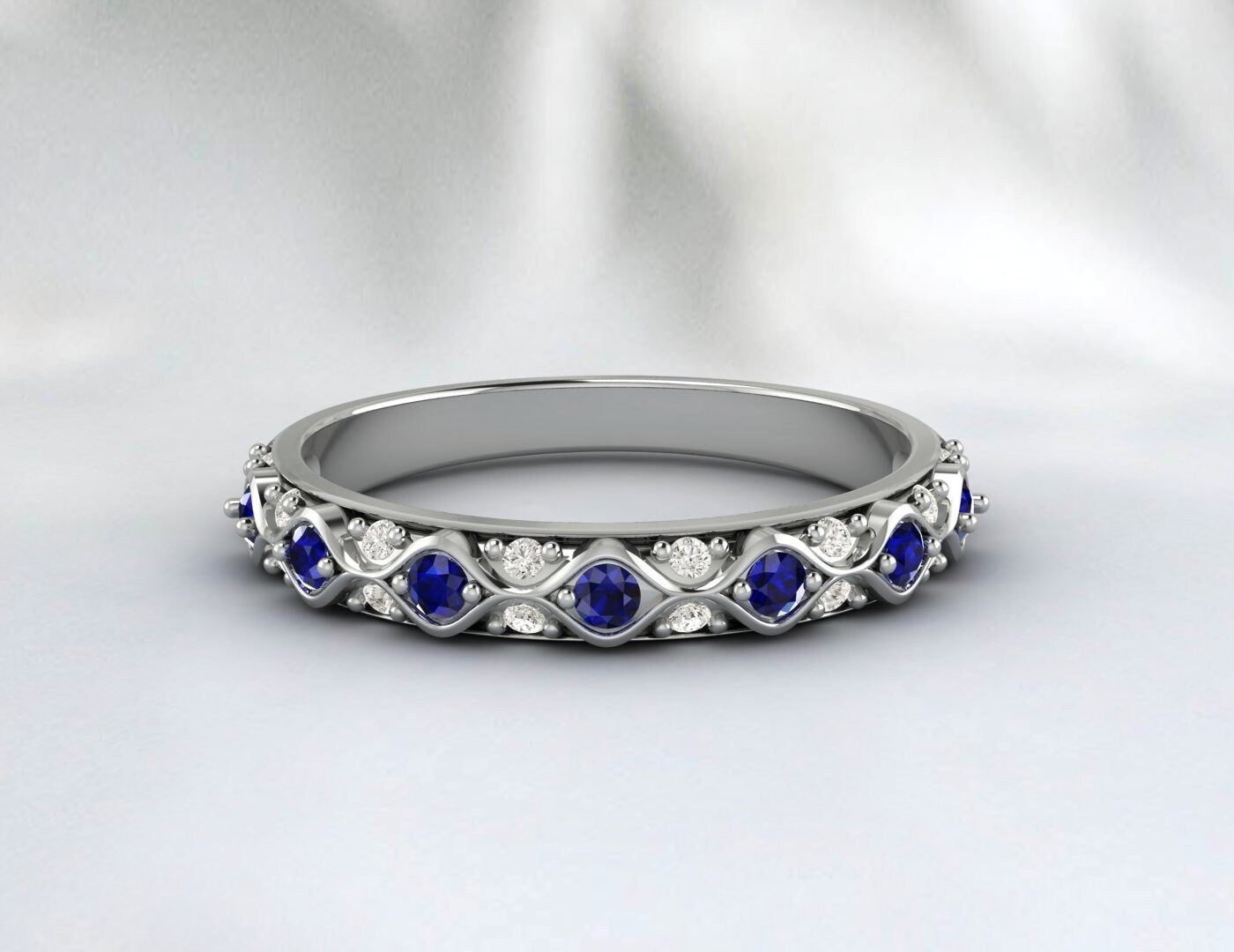 Silver Antique Sapphire Wedding Band Vintage Anniversary Gift For Her