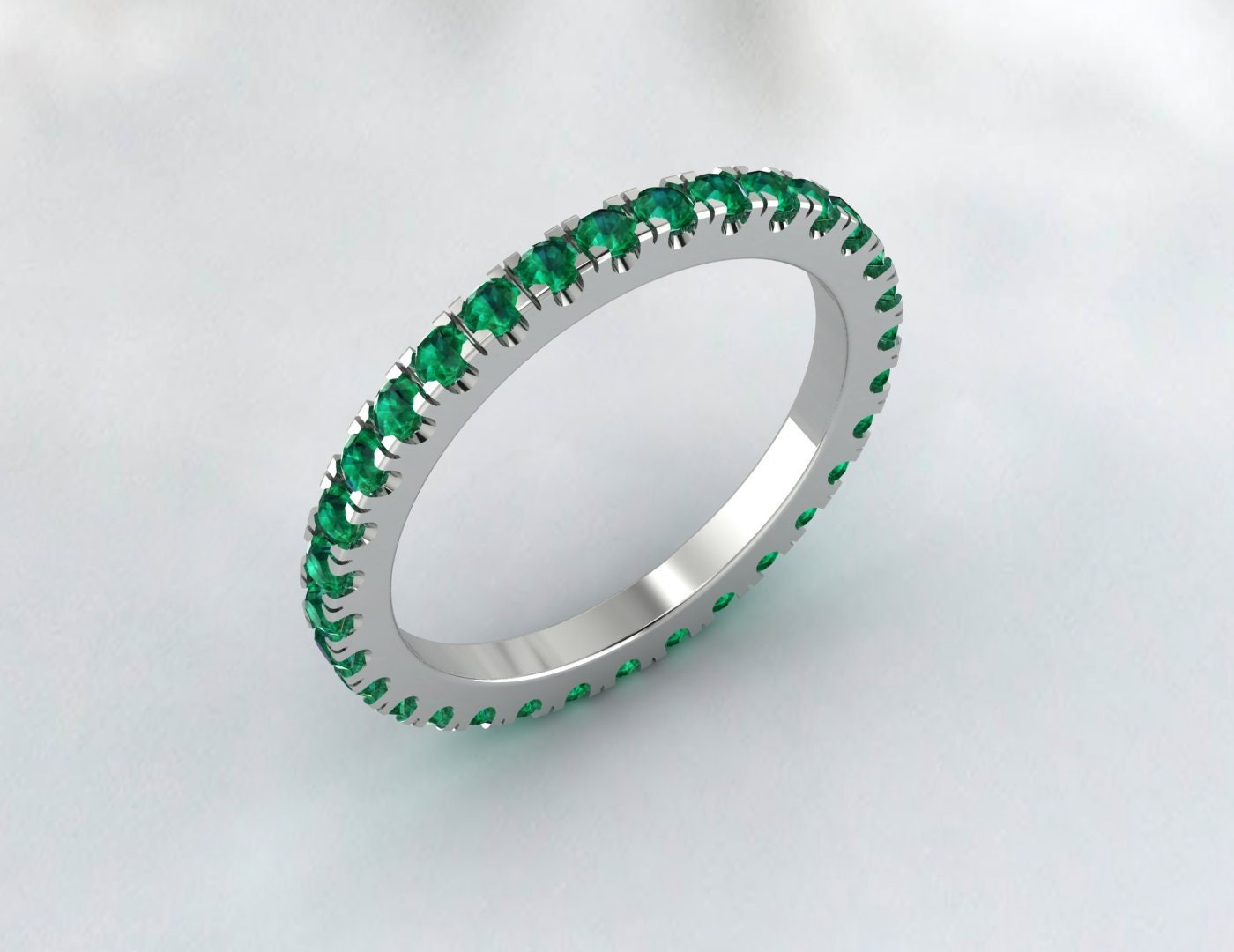 Emerald Wedding Band Solid 14k White Gold Eternity Ring Engagement Ring Stacking Matching Band Anniversary Promise Ring 2mm Thin Band