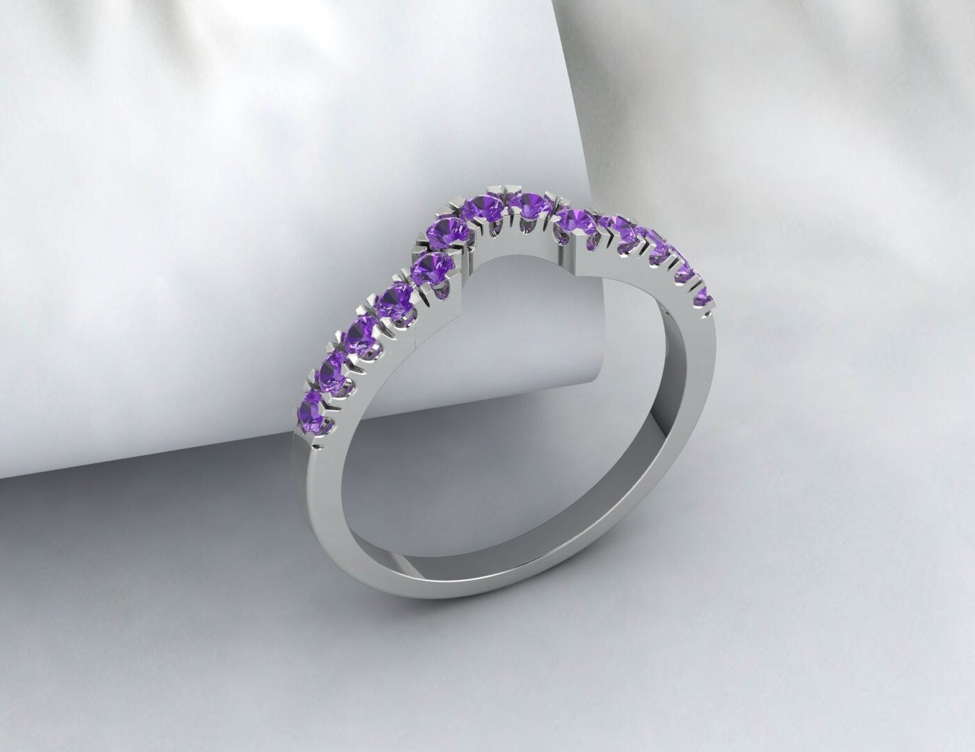 Sterling Silver Rings Amethyst Wedding Band Half Eternity Curved Ring White Gold Plated Anniversary Gift Matching Band February Birthstone