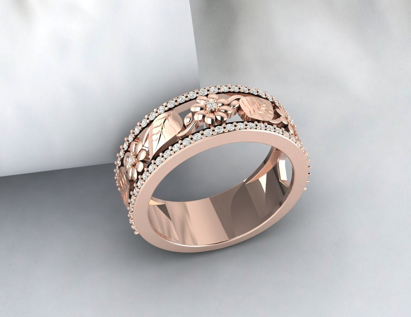 Floral Inspire Filigree Band Art Déco Diamond Milgrain Wedding Band