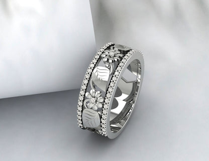 Floral Inspire Filigree Band Art Déco Diamond Milgrain Wedding Band