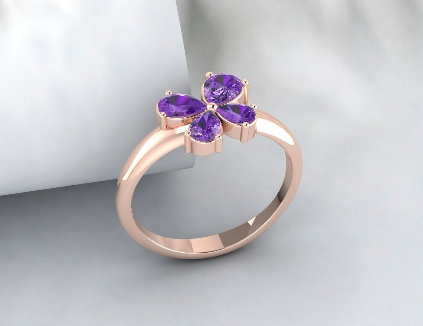 Pear Amethyst Flower Wedding Ring Purple Gems Silver Engagement Ring