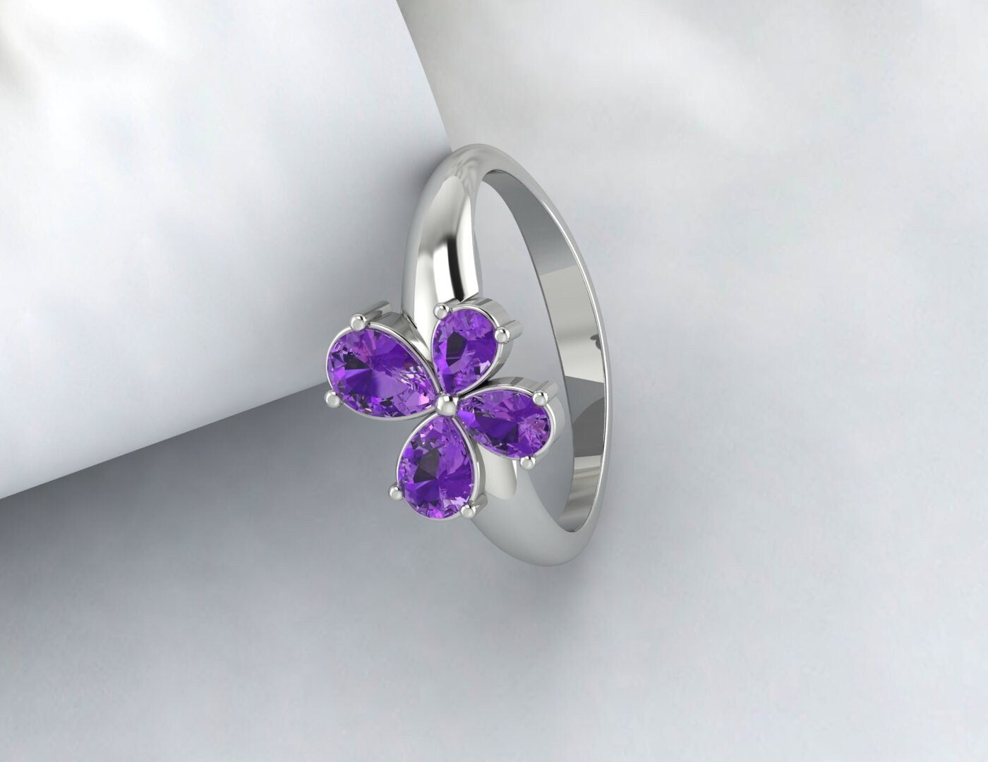 Pear Amethyst Flower Wedding Ring Purple Gems Silver Engagement Ring