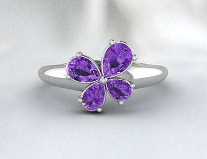 Pear Amethyst Flower Wedding Ring Purple Gems Silver Engagement Ring