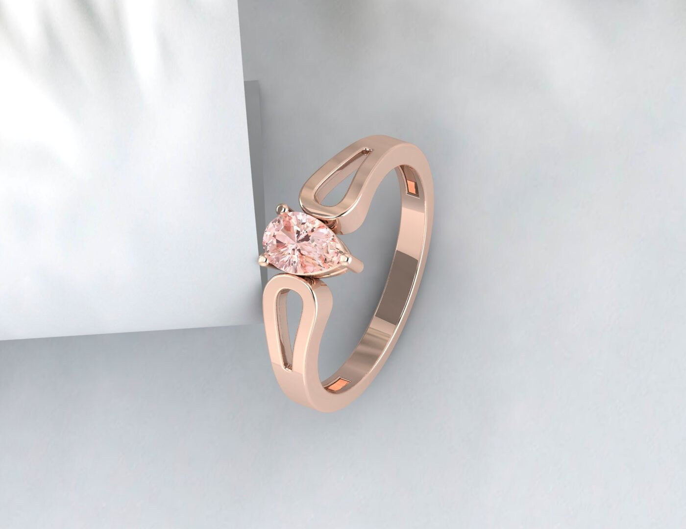 Natural Peach Pear Cut Morganite Silver Engagement Ring Wedding Band