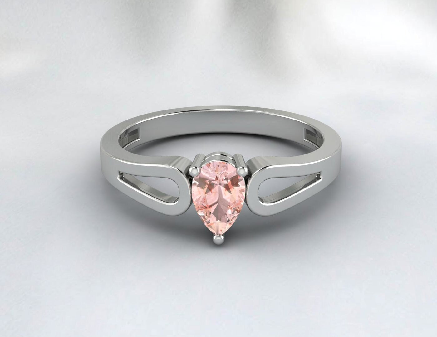 Natural Peach Pear Cut Morganite Silver Engagement Ring Wedding Band