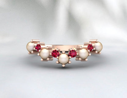 Alliance en perles et rubis pour femmes, bague de mariée demi-éternité