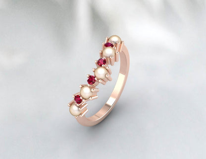 Alliance en perles et rubis pour femmes, bague de mariée demi-éternité