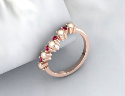 Alliance en perles et rubis pour femmes, bague de mariée demi-éternité