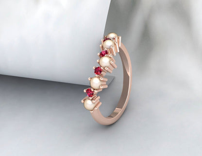 Pearl And Ruby Wedding Band Women Band Half Eternity Bridal Ring