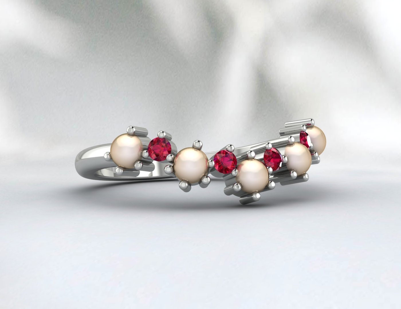 Alliance en perles et rubis pour femmes, bague de mariée demi-éternité