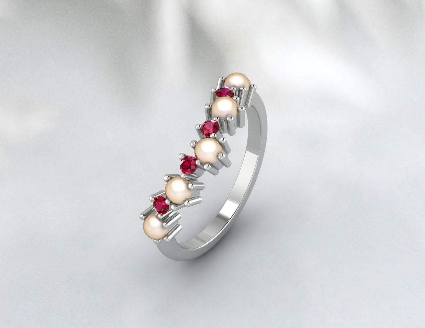 Pearl And Ruby Wedding Band Women Band Half Eternity Bridal Ring