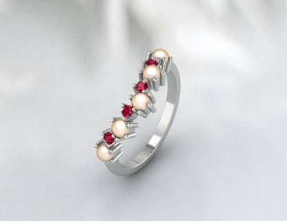 Alliance en perles et rubis pour femmes, bague de mariée demi-éternité