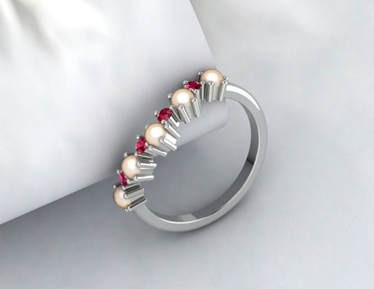 Pearl And Ruby Wedding Band Women Band Half Eternity Bridal Ring