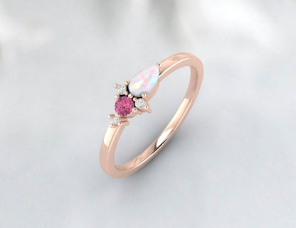 Bague en argent avec opale poire et tourmaline rose Darling Cluster, bague de proposition