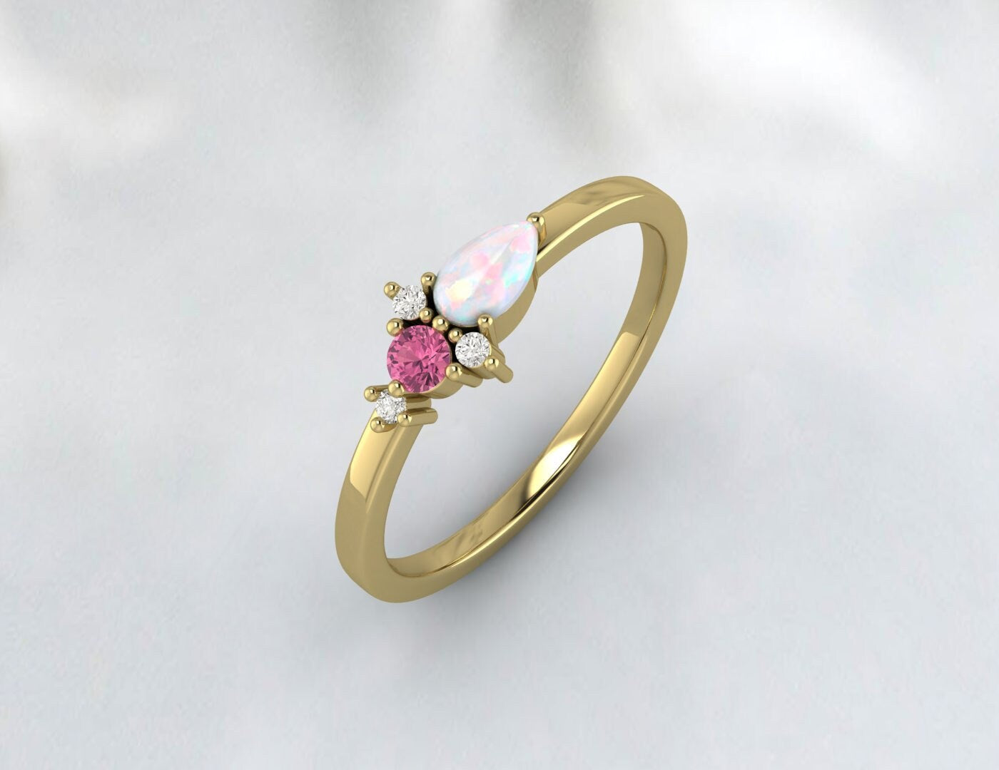 Pear Opal & Pink Tourmaline Darling Cluster Silver Ring Propose Ring