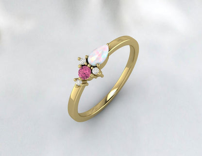 Bague en argent avec opale poire et tourmaline rose Darling Cluster, bague de proposition