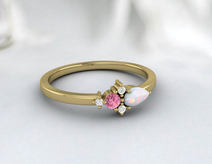 Pear Opal & Pink Tourmaline Darling Cluster Silver Ring Propose Ring