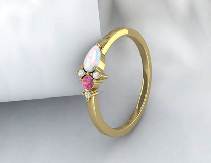 Pear Opal & Pink Tourmaline Darling Cluster Silver Ring Propose Ring