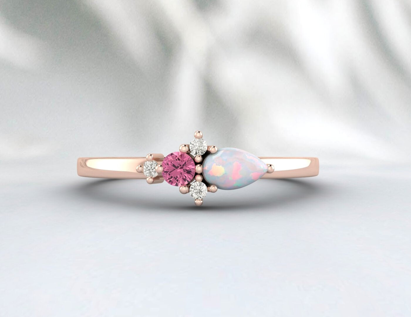 Bague en argent avec opale poire et tourmaline rose Darling Cluster, bague de proposition