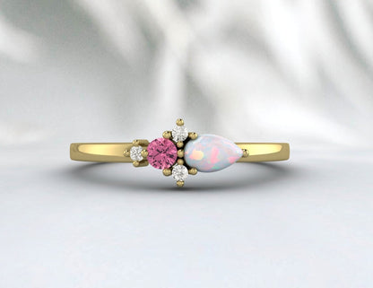 Bague en argent avec opale poire et tourmaline rose Darling Cluster, bague de proposition