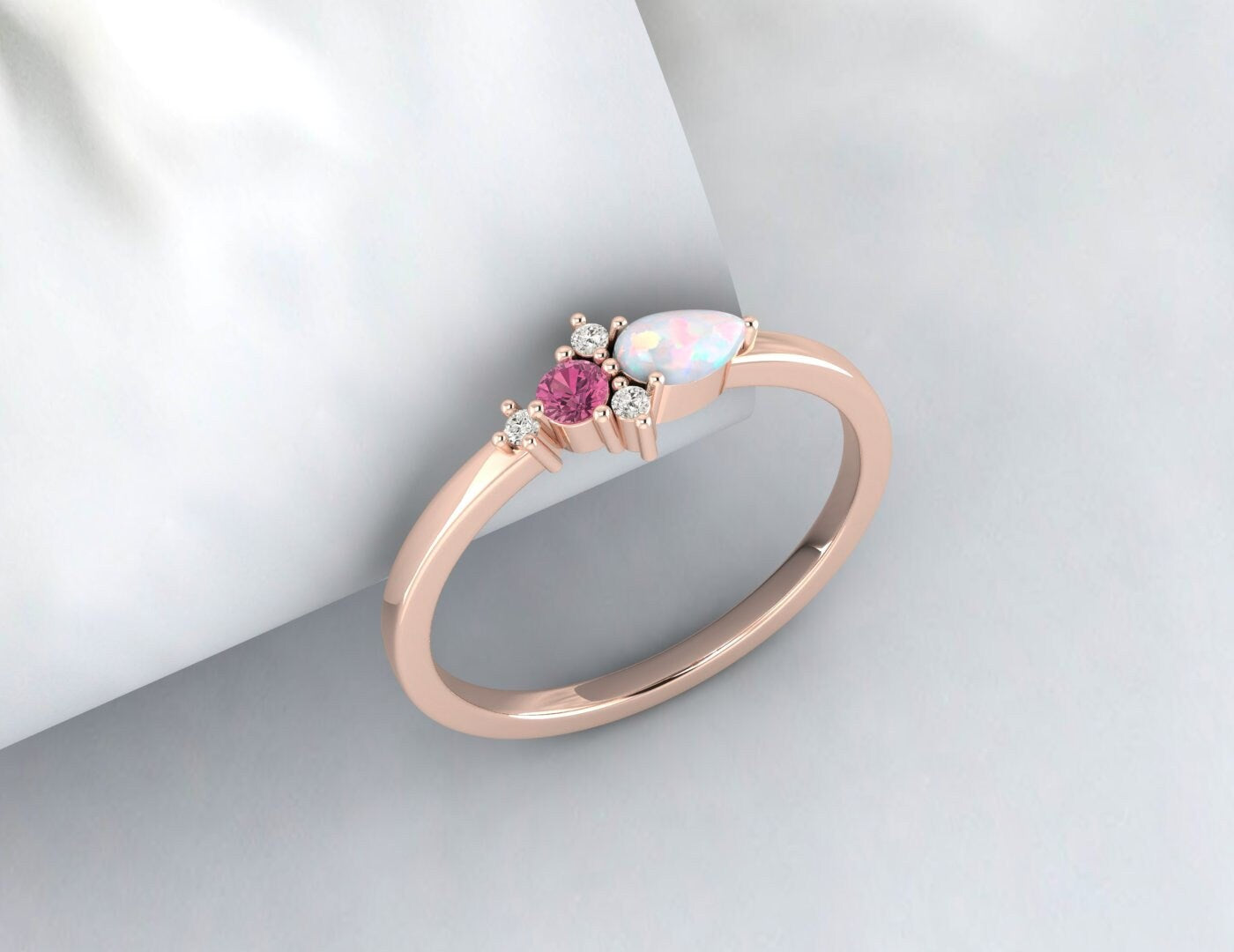 Pear Opal & Pink Tourmaline Darling Cluster Silver Ring Propose Ring