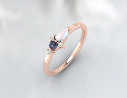 Bague de fiançailles en opale arc-en-ciel et grappe d'alexandrite