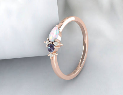 Bague de fiançailles en opale arc-en-ciel et grappe d'alexandrite