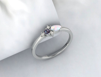 Bague de fiançailles en opale arc-en-ciel et grappe d'alexandrite