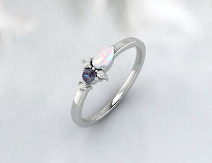 Bague de fiançailles en opale arc-en-ciel et grappe d'alexandrite