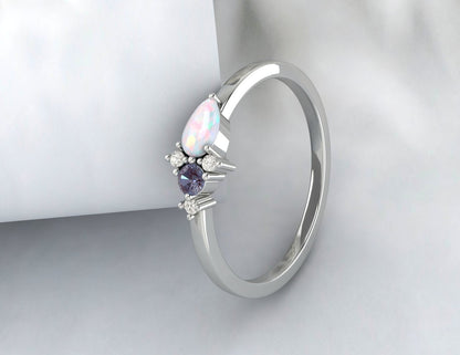 Bague de fiançailles en opale arc-en-ciel et grappe d'alexandrite