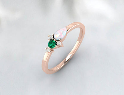 Australian Opal And Emerald Cluster Engagement Ring Anniversary Gift