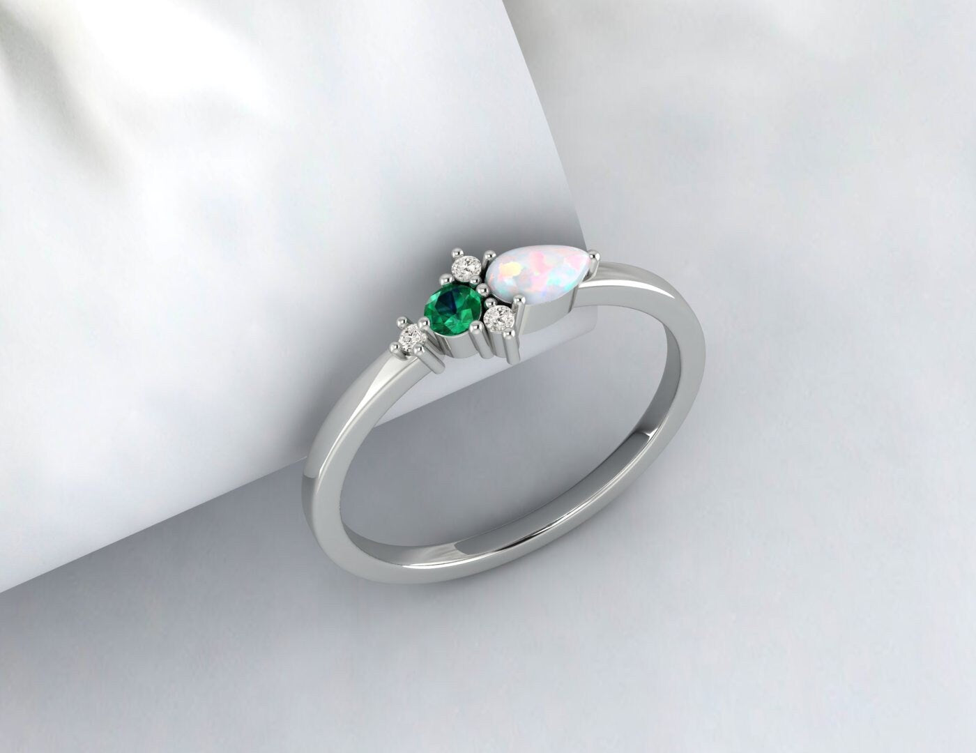 Australian Opal And Emerald Cluster Engagement Ring Anniversary Gift