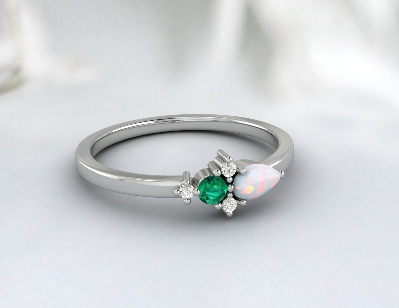 Australian Opal And Emerald Cluster Engagement Ring Anniversary Gift